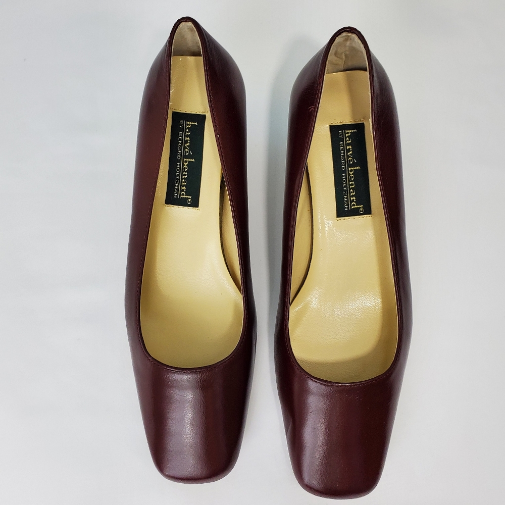 Harve Bernard Chocolate Leather Square Toe Pumps Size 7 XW - Picture 2 of 6